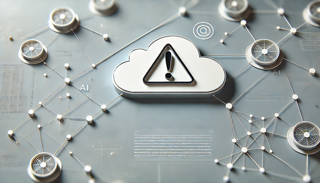 cloud icon connected to a data network with an alert symbol (a triangle with an exclamation mark) overlaying the cloud