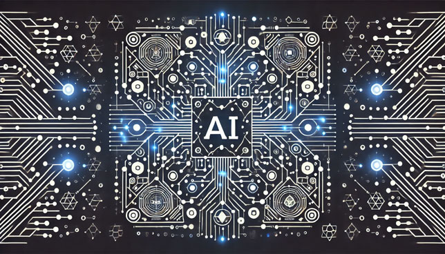 geometric pattern featuring interconnected circuit-like lines, neural network nodes, and abstract technology symbols