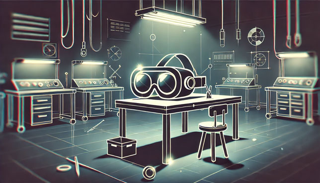 augmented reality goggles on a desk in a dark, shut-down production lab with neon accents and scattered tools