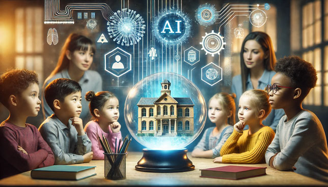 A teacher and students gather around a glowing crystal ball containing a miniature school building surrounded by clear AI symbols, including holographic interfaces, neural networks, circuits, and data streams