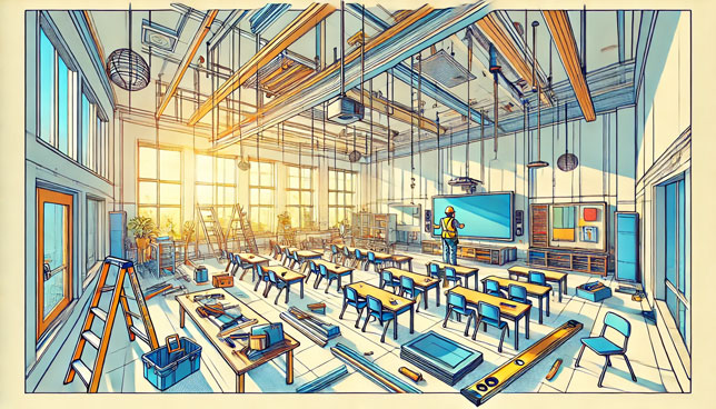 stylized illustration of an elementary school classroom under construction