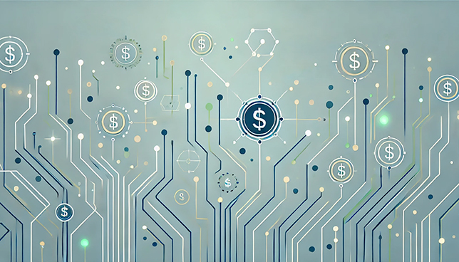 abstract circuit patterns, featuring small icons of coins and dollar symbols in blue, green, and gold tones