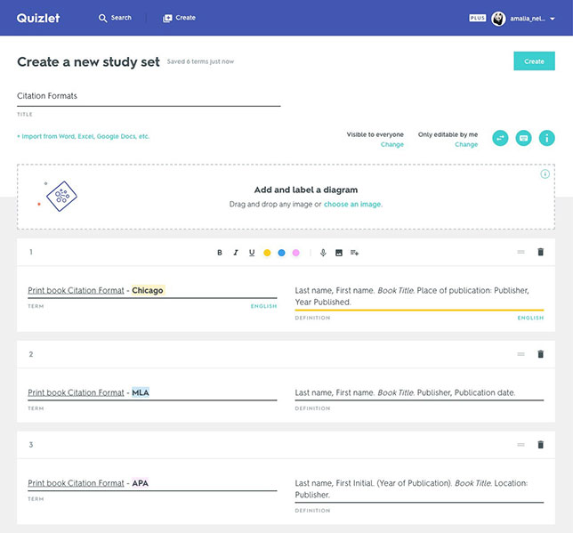 Quizlet study set with rich text content creation features