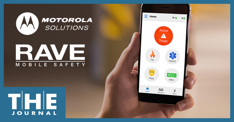 Rave Mobile Safety logo, photo of Rave safety app, Motorola Solutions logo 