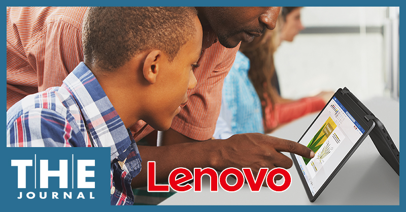 Lenovo logo over a photo of a male student and a male teacher looking closely at a touch-screen Chromebook  