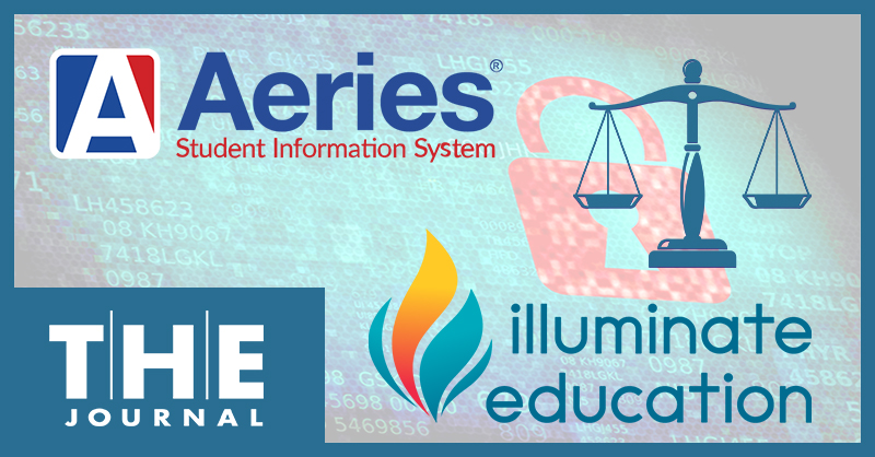 Image shows scales of justice, Aeries SIS logo and Illuminate Education logo