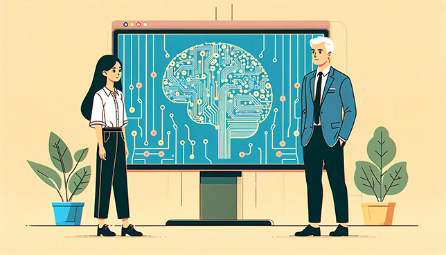 educators interacting with a stylized graphic of a brain composed of digital circuits