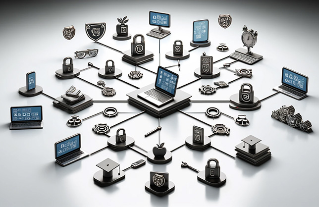 network of education technology and cybersecurity symbols