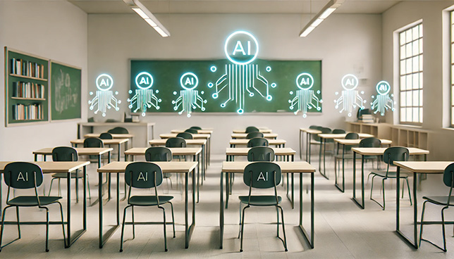 minimalist classroom scene featuring a row of modern desks with AI holograms