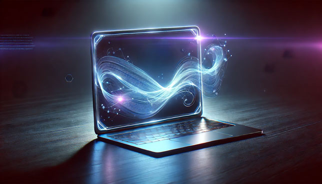 glowing futuristic laptop with a holographic screen displaying digital text