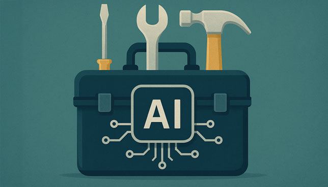 toolbox featuring a circuit-like AI symbol and containing a screwdriver, wrench, and hammer