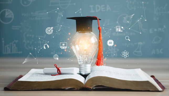 Graduation cap with a lightbulb on the book and icon learning in the classroom.