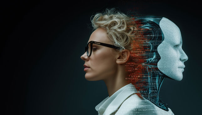 A futuristic humanoid AI agent emerging from a human