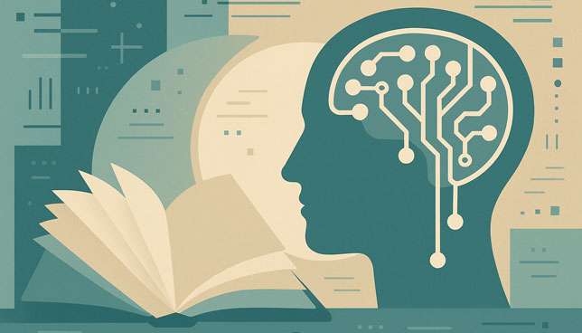 human profile with a circuit-board brain next to an open book