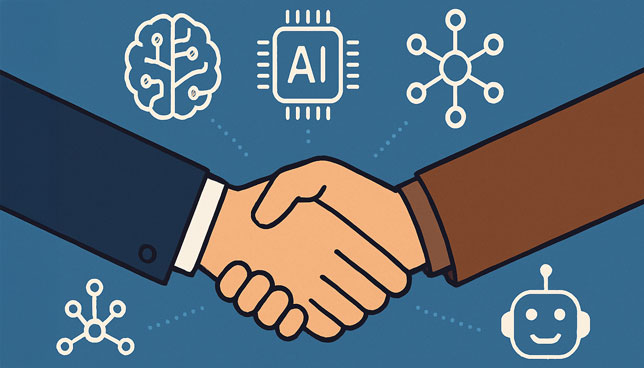 handshake between two individuals with AI icons (brain, chip, network, robot) in the background