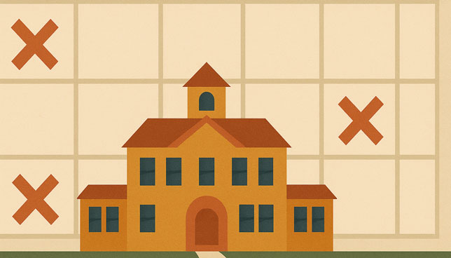 school building with a large five-column calendar grid in the background