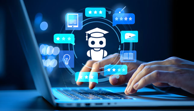 Man using laptop computer to learn with artificial intelligence tutor