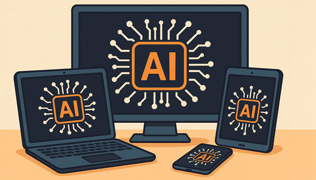stylized illustration of a desktop, laptop, tablet, and smartphone all displaying an orange AI icon