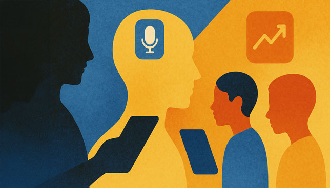 stylized human profiles, tablets, and floating icons