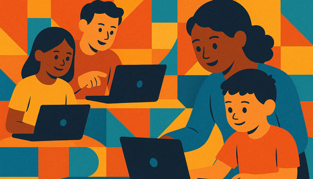 tutors helping young students with laptops against a vibrant abstract background