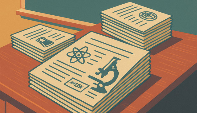 stacks of science worksheets with scientific icons