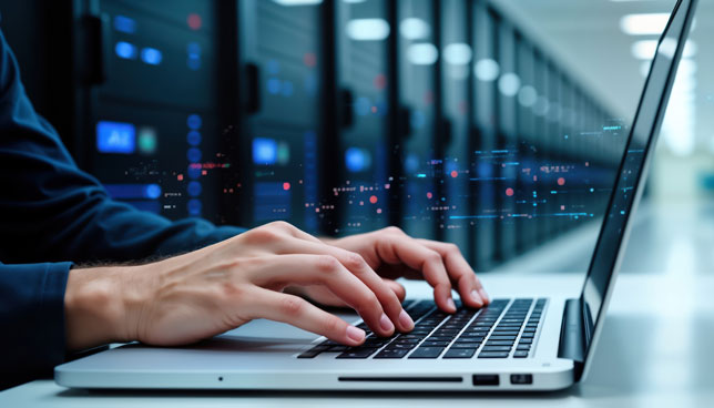 Man types on laptop in data center