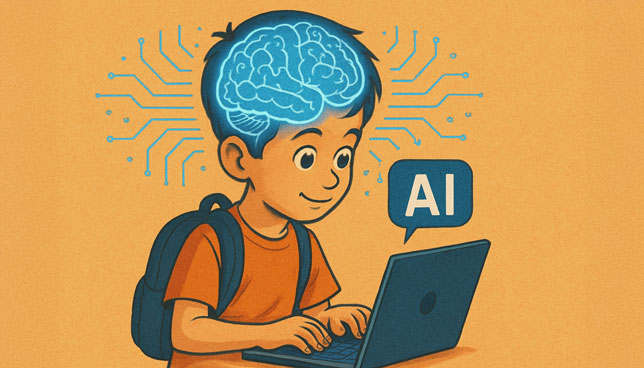 elementary school boy using a laptop with a glowing digital brain above his head and circuit lines extending outward