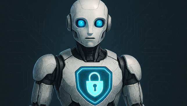 AI robot with cybersecurity symbol on its chest