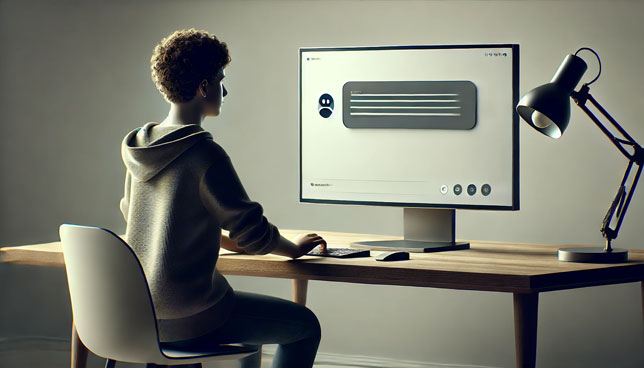 teenager interacts with a chatbot on a computer screen