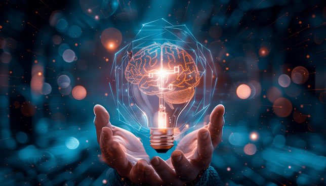 Businessman Holding Light Bulb and Digital Brain