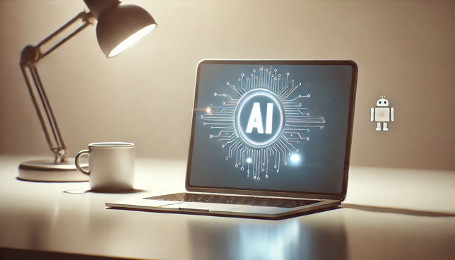 laptop on a desk with an AI symbol on screen