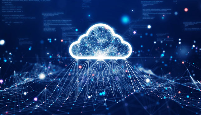large cloud icon with abstract code  and interconnected polygons