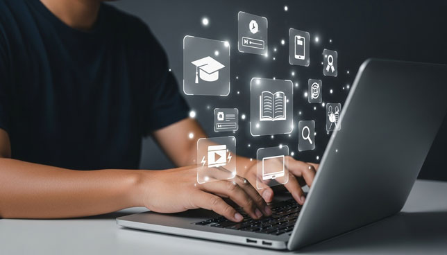 Person typing on laptop with education and learning icons floating around the screen