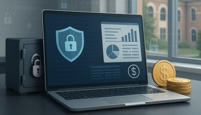 laptop displaying cybersecurity and financial charts, next to a locked safe and stacked gold coins