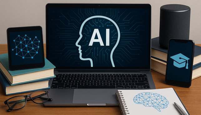 laptop with an AI graphic, surrounded by books, a tablet, a smartphone with a graduation cap icon, a smart speaker, and a notebook with a brain illustration