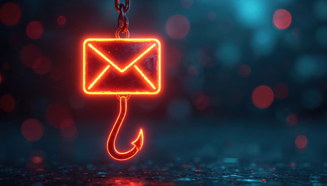 Neon email icon hangs from chain with fishing hook below.