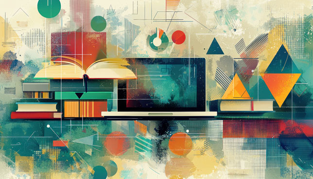 geometric shapes, laptops, and books in a digital environment