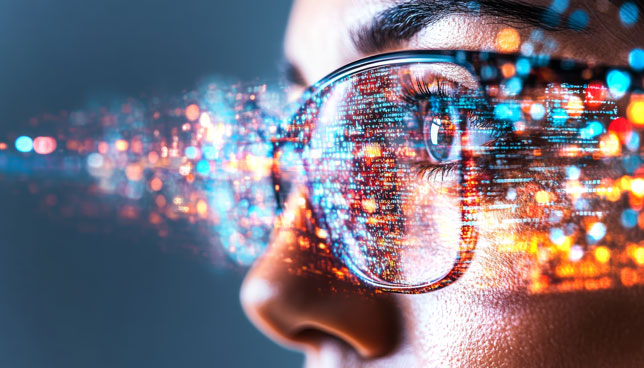 closeup of face with digital data stream across eyes