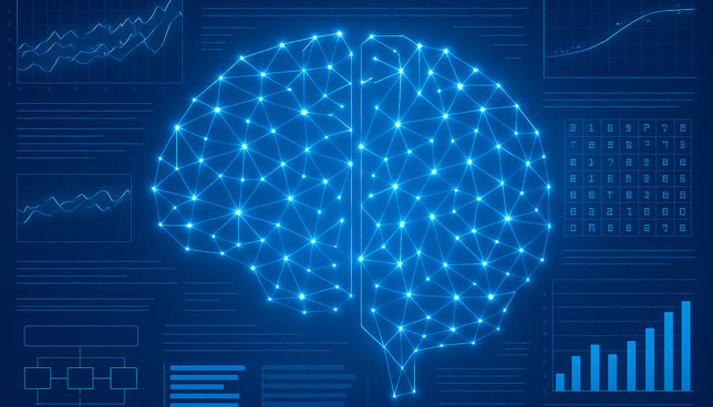 glowing digital brain-shaped neural network surrounded by charts, graphs, and data visualizations