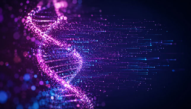 glowing digital DNA strands with flowing data particles
