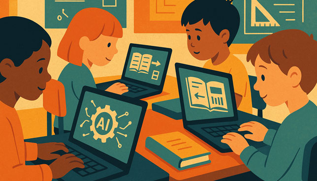 elementary school students using laptops displaying AI symbols and educational icons in a colorful classroom setting