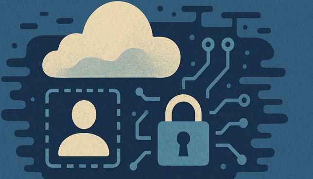 three main icons—a cloud, a user profile, and a padlock—connected by circuit lines on a blue abstract background