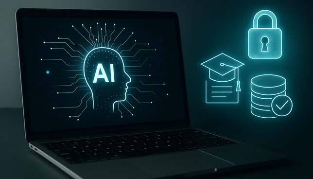 open laptop displaying an AI head graphic, with glowing icons of a padlock, graduation cap and paper, and a secure database floating beside it