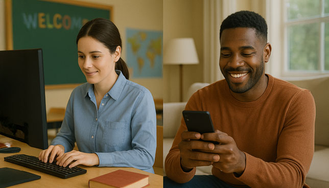 teacher typing on a computer in a classroom on the left and a smiling parent using a smartphone on the right