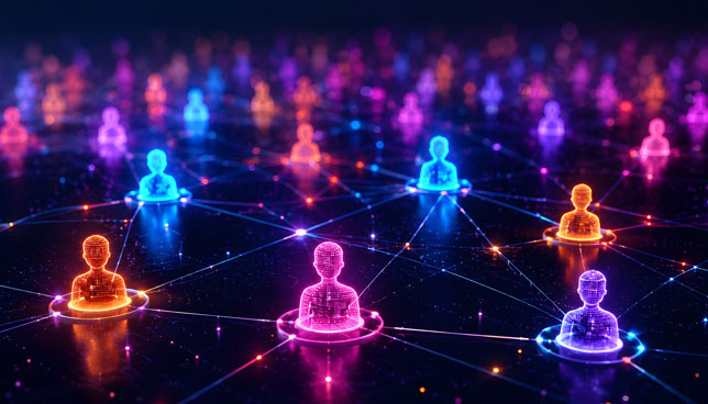 glowing human figures connected by communication lines