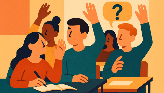 students raising their hands and participating in a classroom discussion