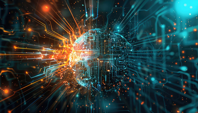 abstract representation of artificial intelligence with data streams and circuits