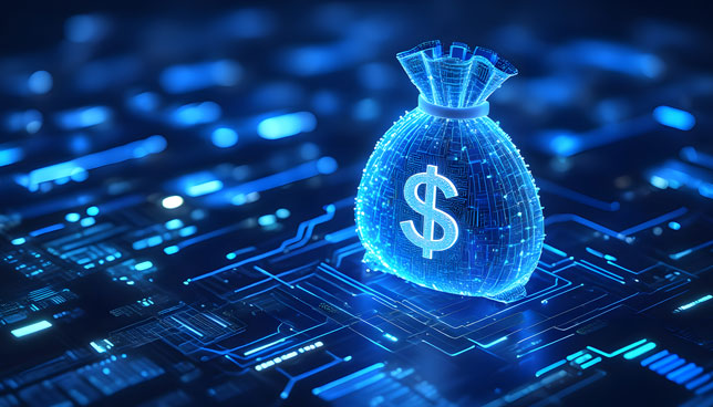 Digital Money Bag on Circuit Board Background