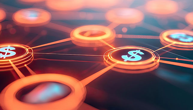 interconnected nodes with currency symbols