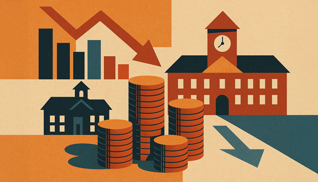 illustration of stacked coins, bar graphs, downward arrows, and two school buildings
